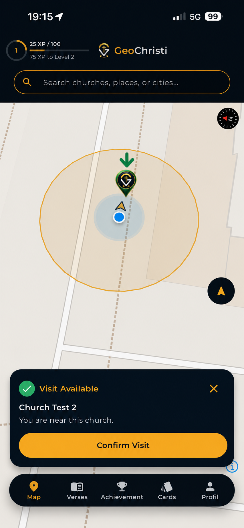 GeoChristi visit confirmation screen showing a nearby church and Confirm Visit button