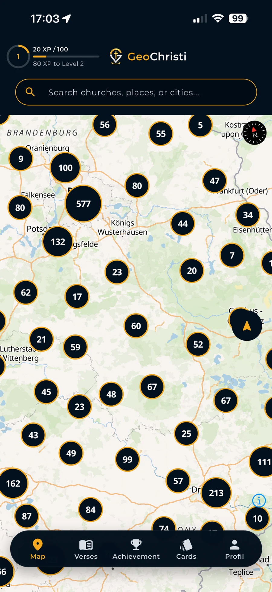 GeoChristi map showing clustered church markers