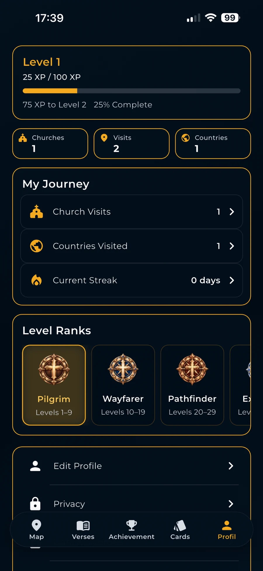 GeoChristi profile showing XP, visits and level ranks
