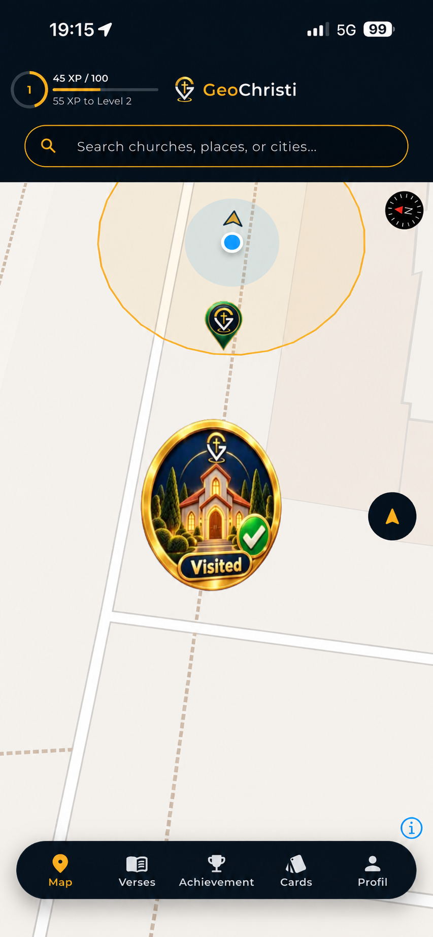GeoChristi map showing a church marked as visited